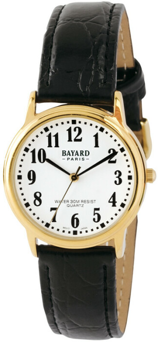 Montre à quartz ronde dorée pour dame bracelet noir Bayard
