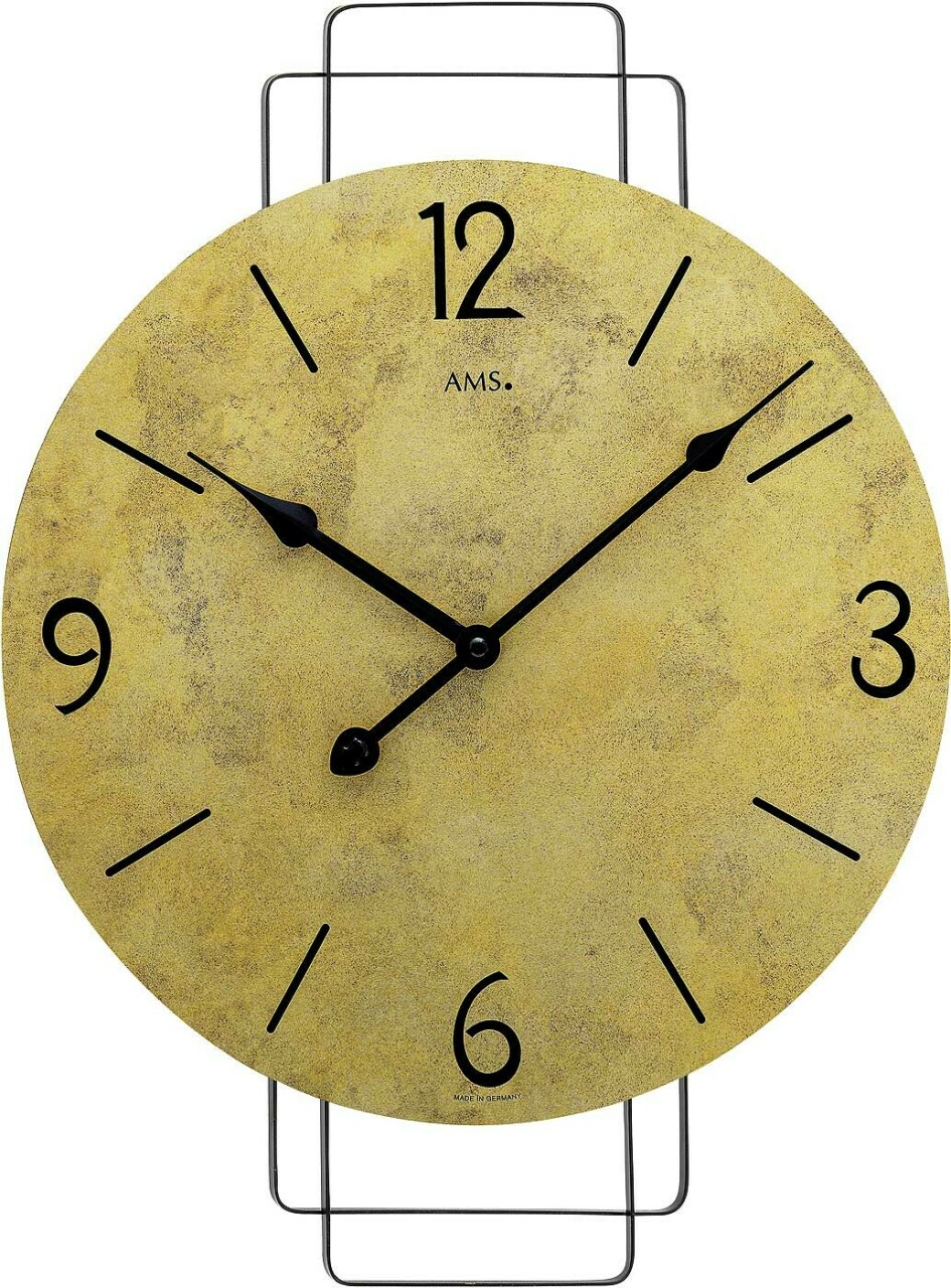 Horloge murale ronde en bois dor&eacute; support m&eacute;tal