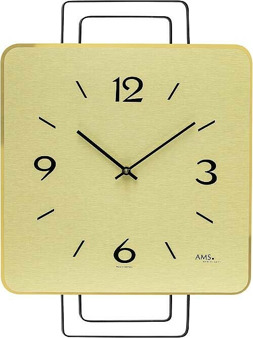 Horloge murale carr&eacute;e en bois teint&eacute; dor&eacute; support m&eacute;tal