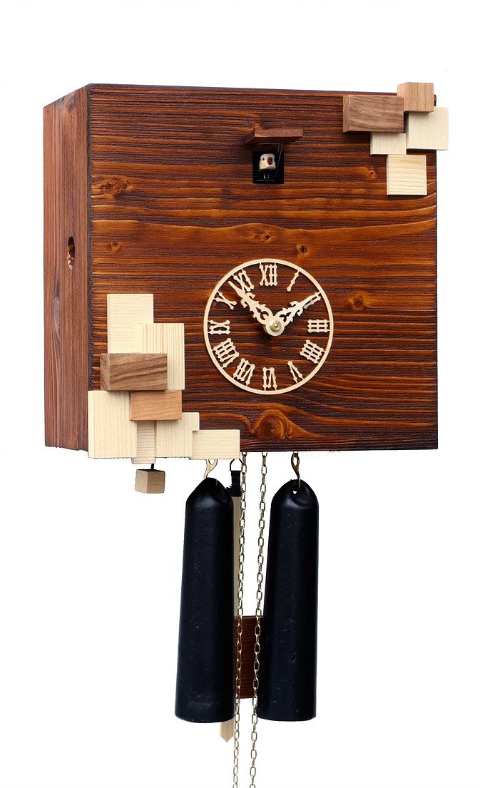 Horloge coucou moderne cube marron pi&egrave;ces en bois m&eacute;canique