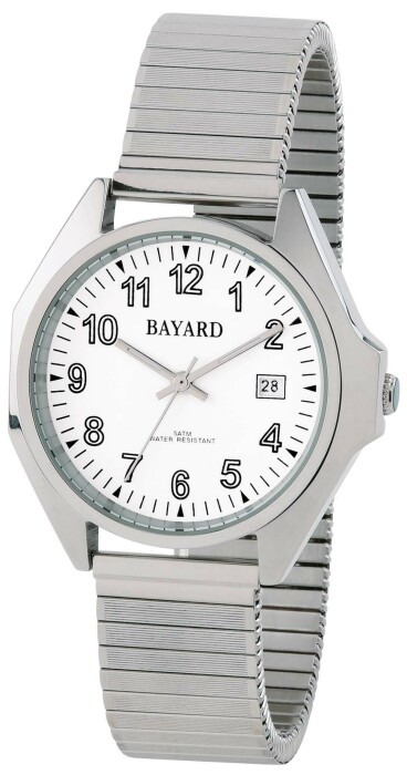 Montre Bayard ronde argentée bracelet extensible avec date chiffres pleins