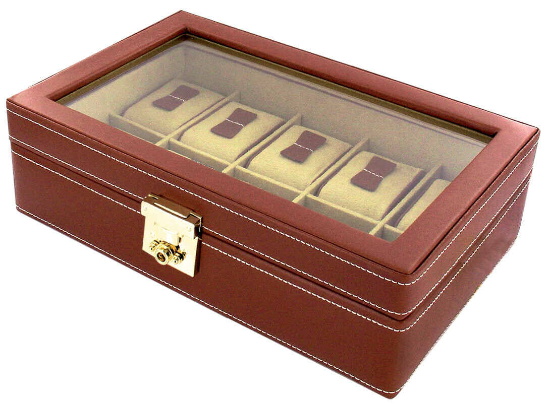 Coffret de montres en cuir marron 10 places_ferm&eacute;