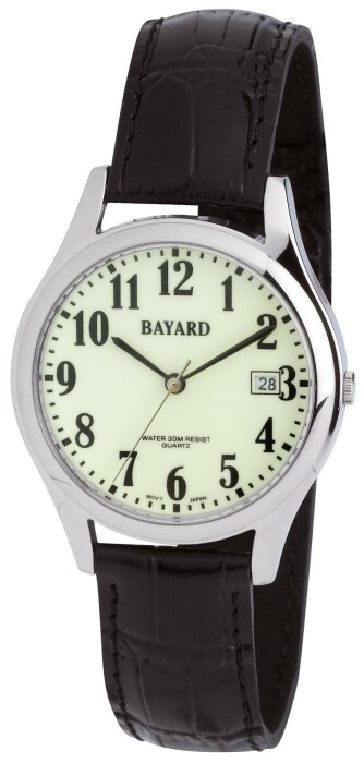 Montre à quartz ronde pour homme boitier argenté bracelet cuir Bayard