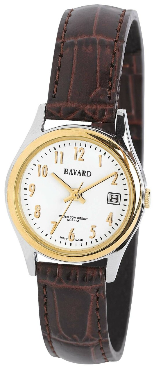 Montre &agrave; quartz Bayard ronde pour femme boitier dor&eacute; bracelet style cuir chiffres arabes dor&eacute;s