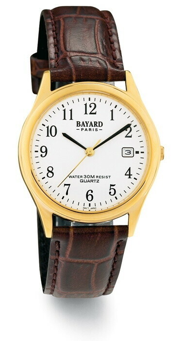 Montre &agrave; quartz Bayard ronde pour femme boitier dor&eacute; bracelet style cuir chiffres arabes noirs