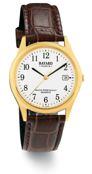 Montre à quartz Bayard ronde pour femme boitier doré bracelet style cuir chiffres arabes noirs