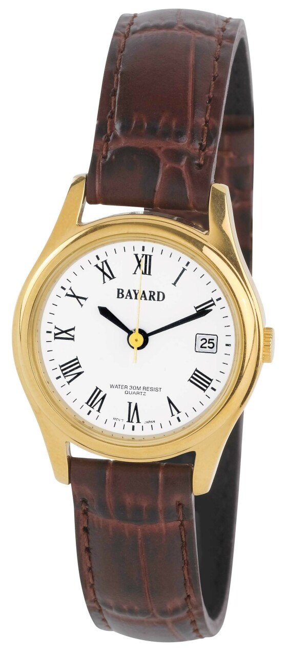 Montre &agrave; quartz Bayard ronde pour femme boitier dor&eacute; bracelet style cuir chiffres romains